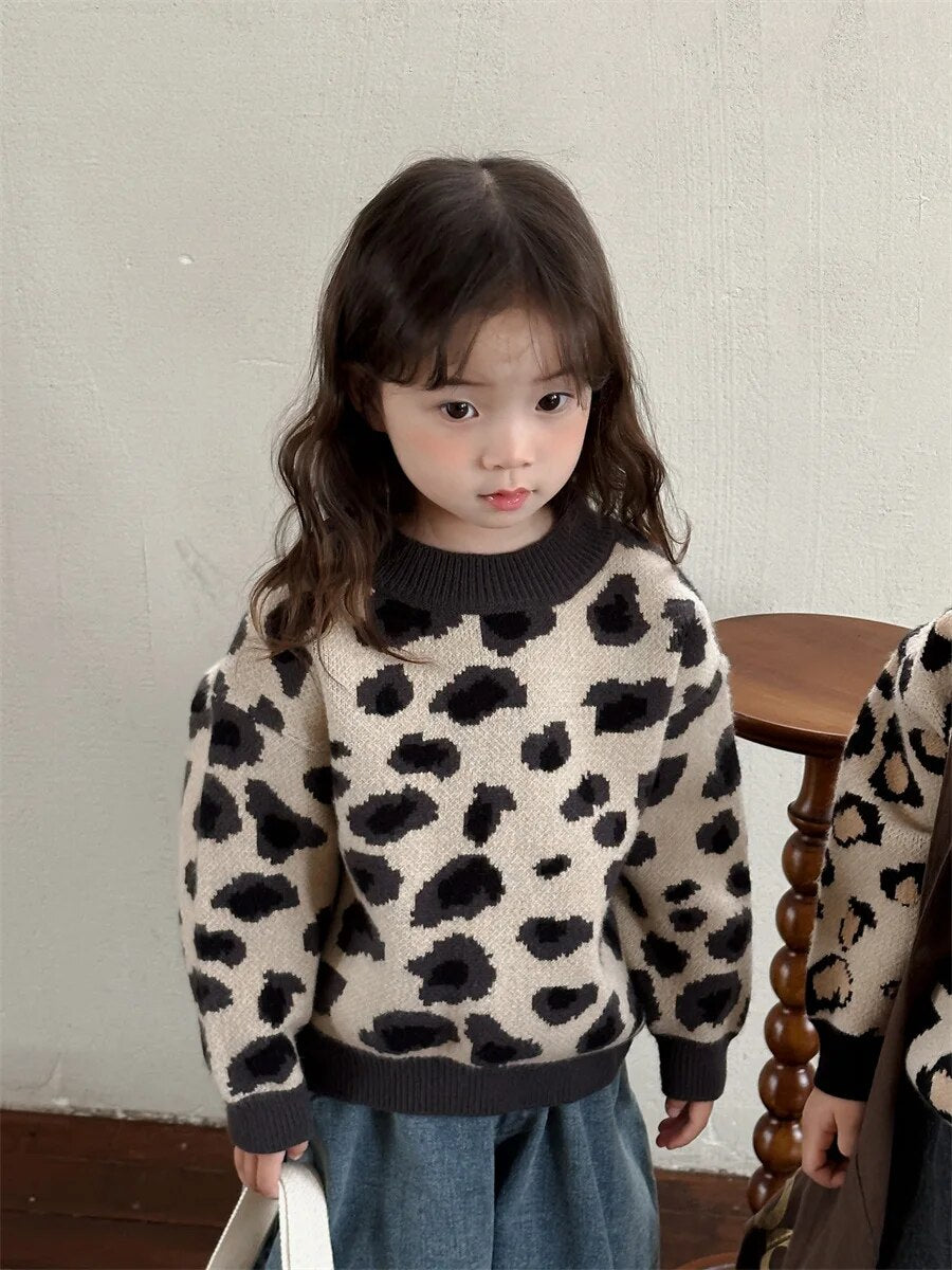 -キッズセーター レオパード柄 ヒョウ柄 ニット プルオーバートップス ブラック ベージュ 2カラー ユニセックス 男の子 女の子 子供服 - mamahalo shop - ニット・セーター -  べビー服 - 子供服 - 男の子 - 女の子
