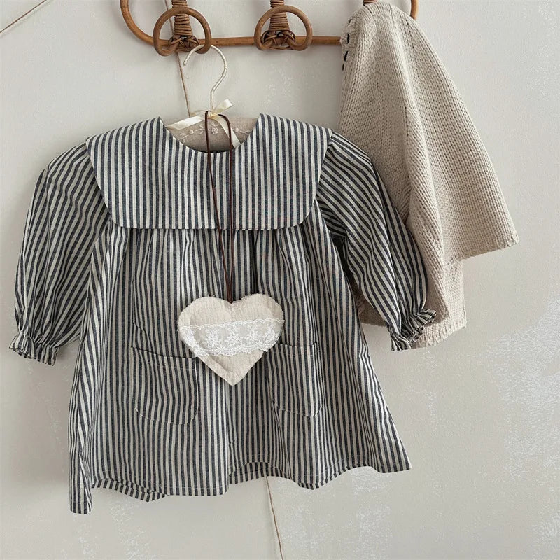 -キッズワンピース ストライプビッグ襟長袖ワンピース - mamahalo shop - 長袖ワンピース -  べビー服 - 子供服 - 男の子 - 女の子