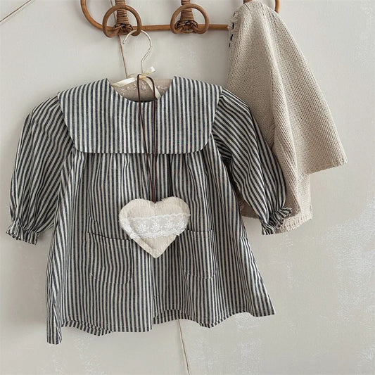 -キッズワンピース ストライプビッグ襟長袖ワンピース - mamahalo shop - 長袖ワンピース -  べビー服 - 子供服 - 男の子 - 女の子