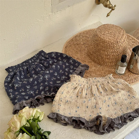 -キッズパンツ フリルショートパンツ フラワー小花柄プリント レトロ 2カラー - mamahalo shop - ハーフパンツ・ショートパンツ -  べビー服 - 子供服 - 男の子 - 女の子