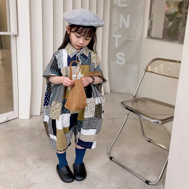 -キッズジャンプスーツ シャツつなぎ チェック パッチワーク ルーズスタイル - mamahalo shop - 半袖ジャンプスーツ -  べビー服 - 子供服 - 男の子 - 女の子