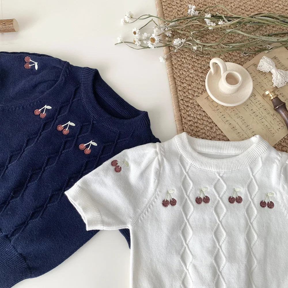 -ベビーキッズトップス サマーニット 半袖サマーセーター チェリー さくらんぼ 刺繍 2カラー - mamahalo shop - ニット・セーター -  べビー服 - 子供服 - 男の子 - 女の子