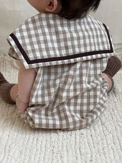 -ベビーロンパース 帽子セット ノースリーブセーラーカラージャンプスーツ チェック/無地 チューリップハットセット 2カラー【mh0006078】 - mamahalo shop - ノースリーブロンパース -  べビー服 - 子供服 - 男の子 - 女の子