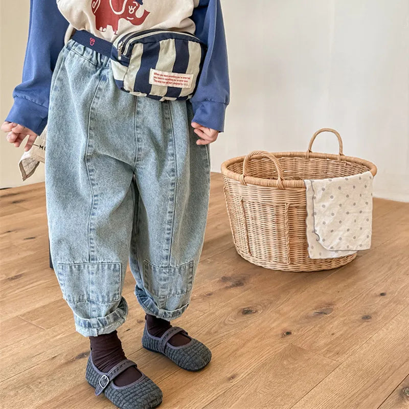 -キッズパンツ デニムパンツ ジーンズ パッチワークルーズパンツ ジーンズ ブルー/ブラック/2カラー - mamahalo shop - デニムパンツ -  べビー服 - 子供服 - 男の子 - 女の子