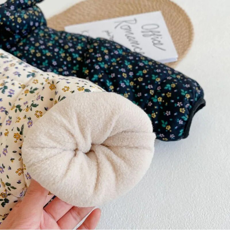 -キッズアウター コート フラワー 花柄プリント マフラードッキングジャケット 裏ボア ブルー ベージュ 2カラー ガールズ 女の子 子供服 - mamahalo shop - ショートコート・ジャケット・ジャンパー -  べビー服 - 子供服 - 男の子 - 女の子