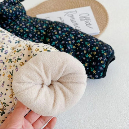 -キッズアウター コート フラワー 花柄プリント マフラードッキングジャケット 裏ボア ブルー ベージュ 2カラー ガールズ 女の子 子供服 - mamahalo shop - ショートコート・ジャケット・ジャンパー -  べビー服 - 子供服 - 男の子 - 女の子