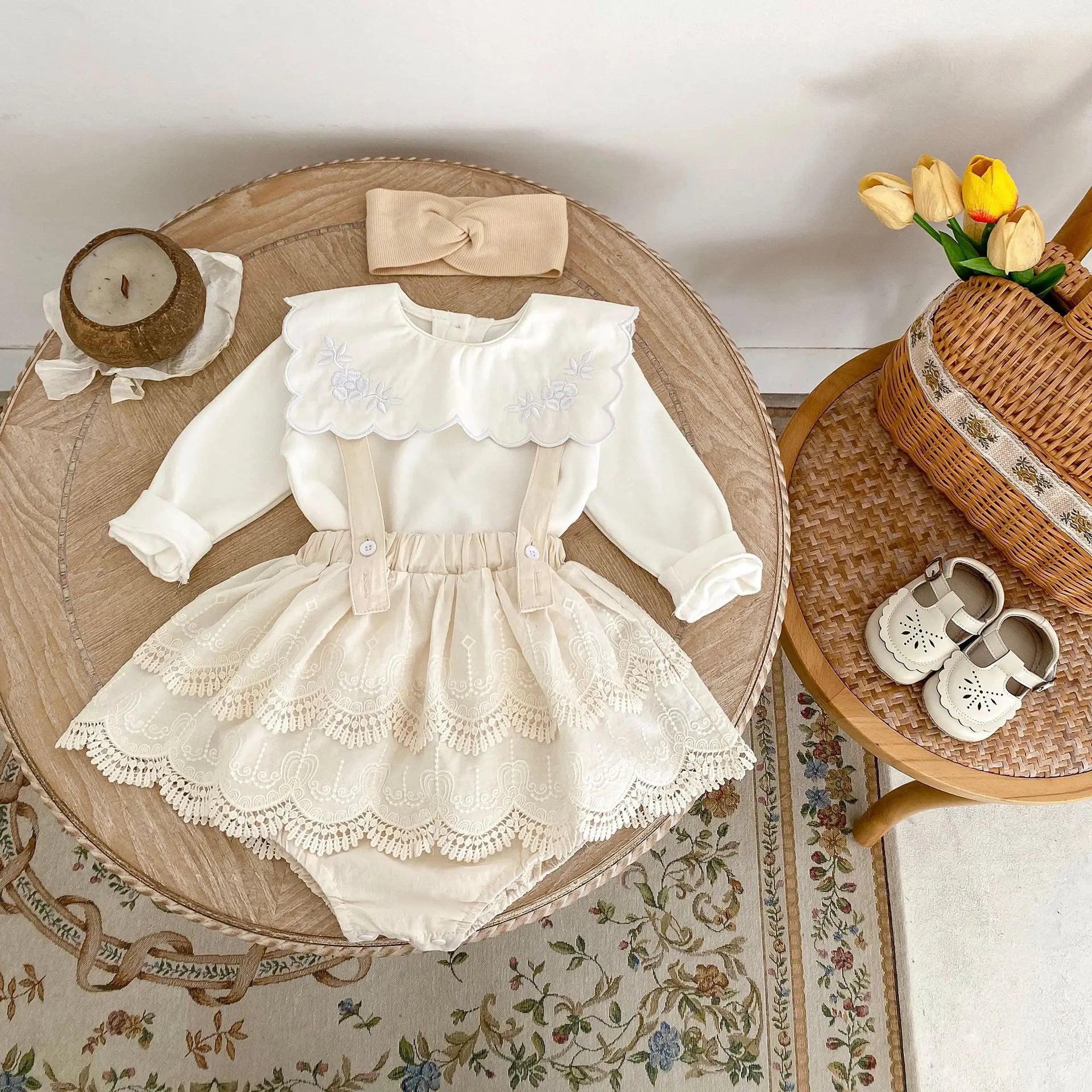 -ベビートップス/パンツ 水玉ドット/無地スクエア襟長袖Tシャツ/サスペンダーレーススカートブルマパンツ - mamahalo shop - 長袖セットアップ -  べビー服 - 子供服 - 男の子 - 女の子