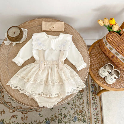 -ベビートップス/パンツ 水玉ドット/無地スクエア襟長袖Tシャツ/サスペンダーレーススカートブルマパンツ - mamahalo shop - 長袖セットアップ -  べビー服 - 子供服 - 男の子 - 女の子