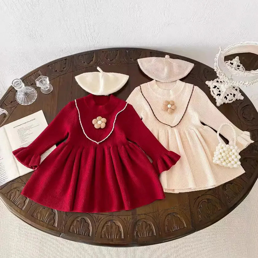 -ベビーキッズ フラワー長袖ベルスリーブニットワンピース 2カラー - mamahalo shop - 長袖ワンピース -  べビー服 - 子供服 - 男の子 - 女の子