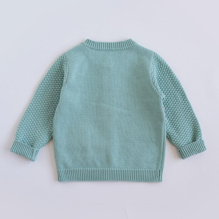 -キッズ うさぎ レインボー 刺繍 ニット ポケット カーディガン グリーン ガールズ - mamahalo shop - カーディガン・パーカー -  べビー服 - 子供服 - 男の子 - 女の子