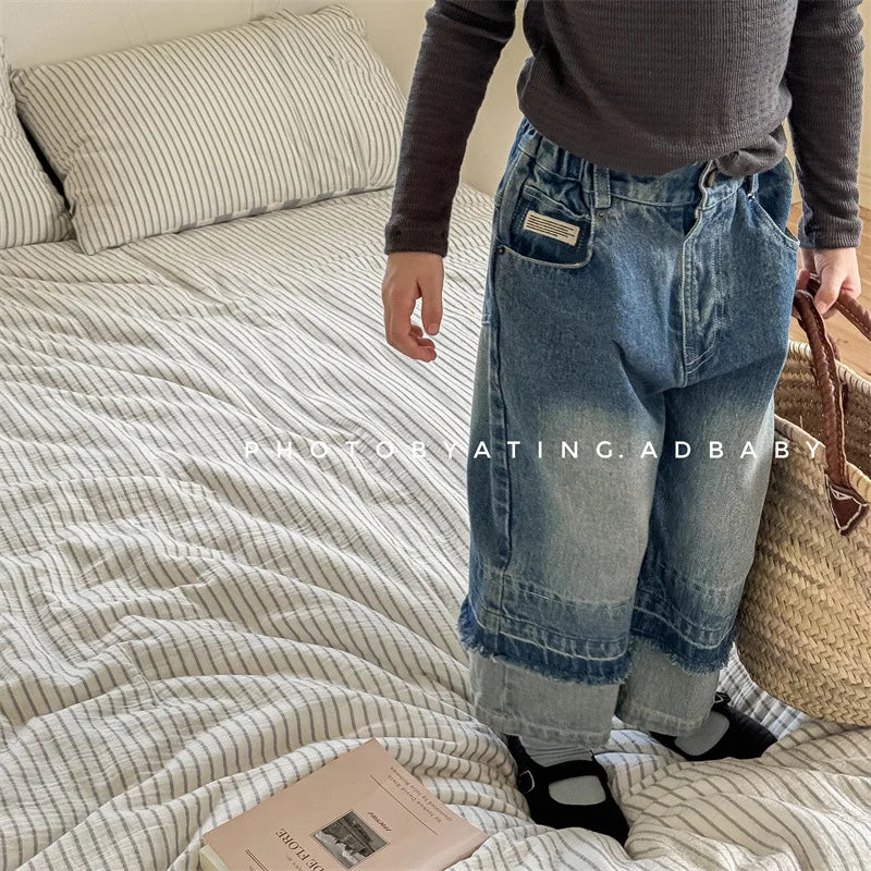 -キッズパンツ デニムパンツ 裾パッチワーク ロングルーズ デザインパンツ ジーンズ ジーパン 2カラー【mh0006578】 - mamahalo shop - デニムパンツ -  べビー服 - 子供服 - 男の子 - 女の子