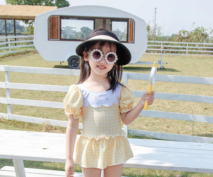 -キッズ水着 帽子セット 半袖ワンピース パフスリーブ チェック スカート スイムウェア 2カラー【mh0005131】 - mamahalo shop - ベビー用水着 -  べビー服 - 子供服 - 男の子 - 女の子