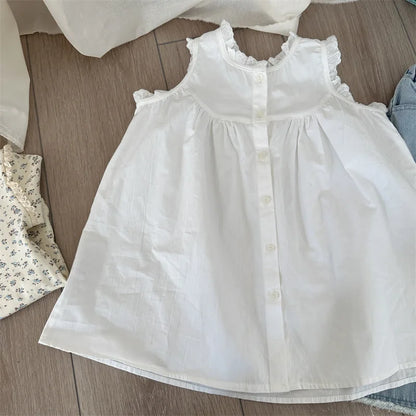 -キッズワンピース ノースリーブ レース縁取り シンプルワンピ ホワイト - mamahalo shop - ノースリーブワンピース -  べビー服 - 子供服 - 男の子 - 女の子