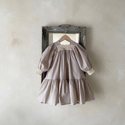 -キッズ レース スクエアネック 長袖 ワンピース ガールズ【mh0002443】 - mamahalo shop - 長袖ワンピース -  べビー服 - 子供服 - 男の子 - 女の子