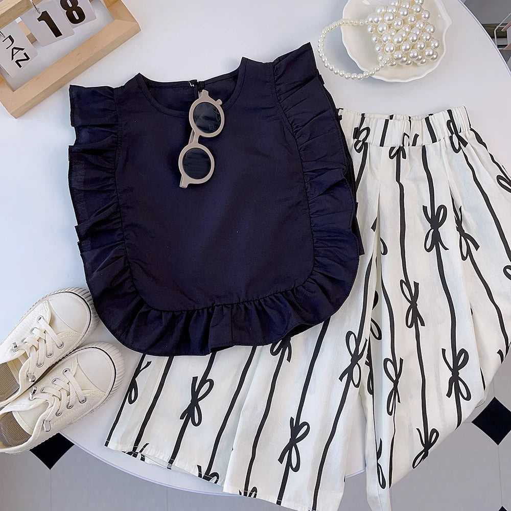 -キッズセットアップ 2点セット バタフライスリーブトップス+リボンプリントワイドルーズパンツ【mh0006129】 - mamahalo shop - ノースリーブセットアップ -  べビー服 - 子供服 - 男の子 - 女の子