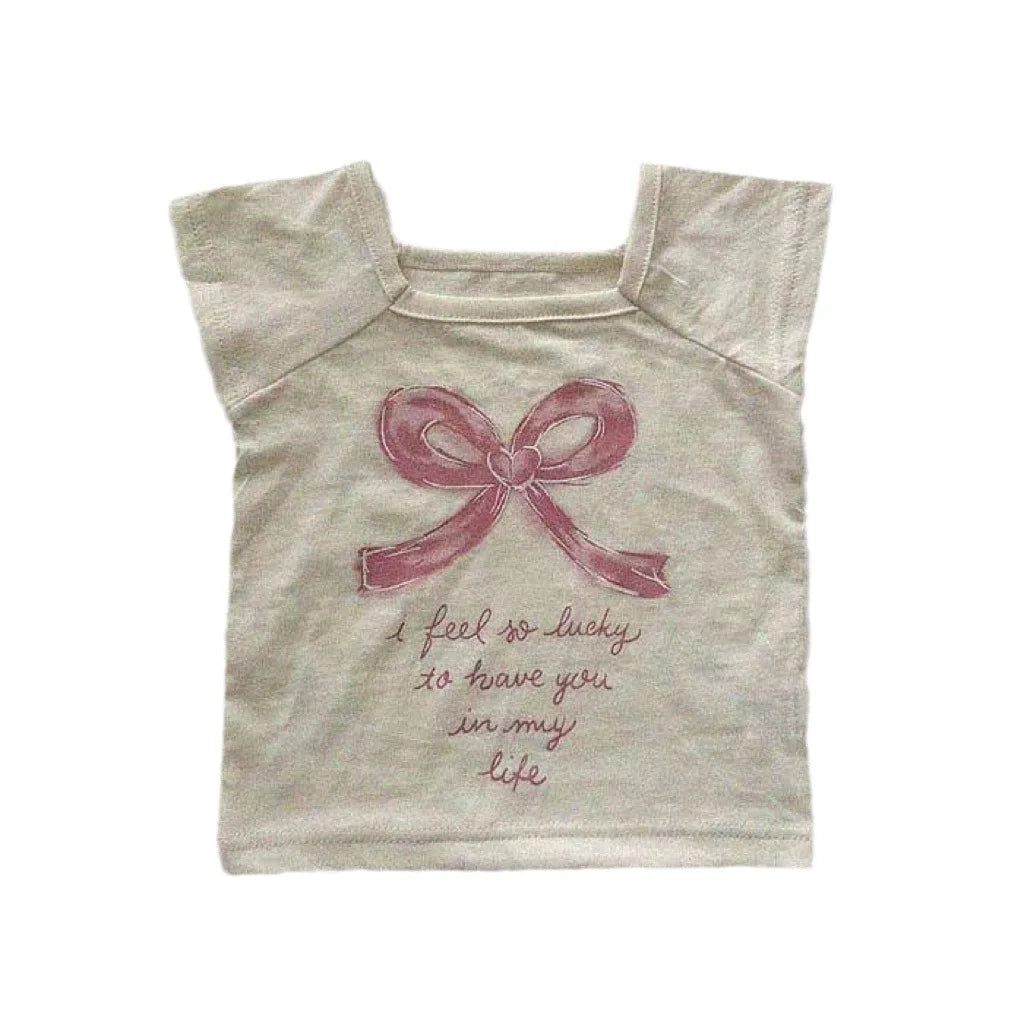 -ベビートップス ショートスリーブTシャツ リボンレターロゴプリント 2カラー【mh0005290】 - mamahalo shop - 半袖Tシャツ -  べビー服 - 子供服 - 男の子 - 女の子