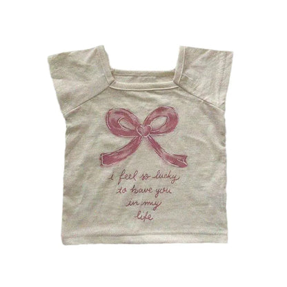 -ベビートップス ショートスリーブTシャツ リボンレターロゴプリント 2カラー【mh0005290】 - mamahalo shop - 半袖Tシャツ -  べビー服 - 子供服 - 男の子 - 女の子