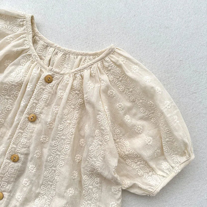 -キッズトップス 半袖ブラウス フラワーレース刺繍 ベージュ - mamahalo shop - 半袖シャツ・ブラウス -  べビー服 - 子供服 - 男の子 - 女の子