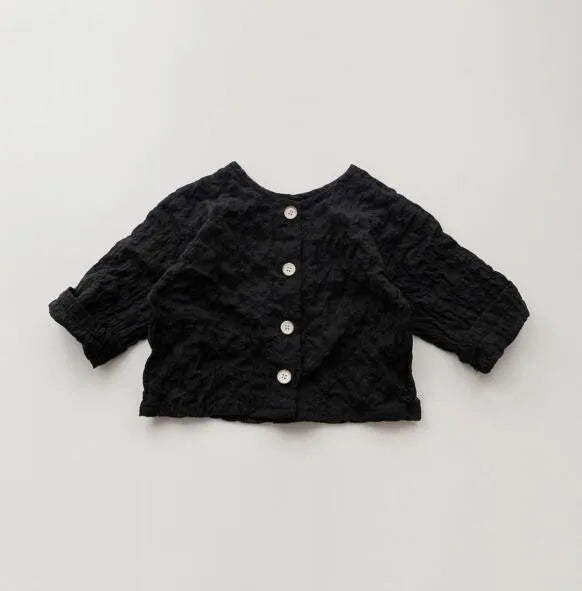 -キッズカーディガン 長袖Tシャツ しわ加工ジャケットトップス ブラック/ベージュ/2カラー - mamahalo shop - カーディガン・パーカー -  べビー服 - 子供服 - 男の子 - 女の子