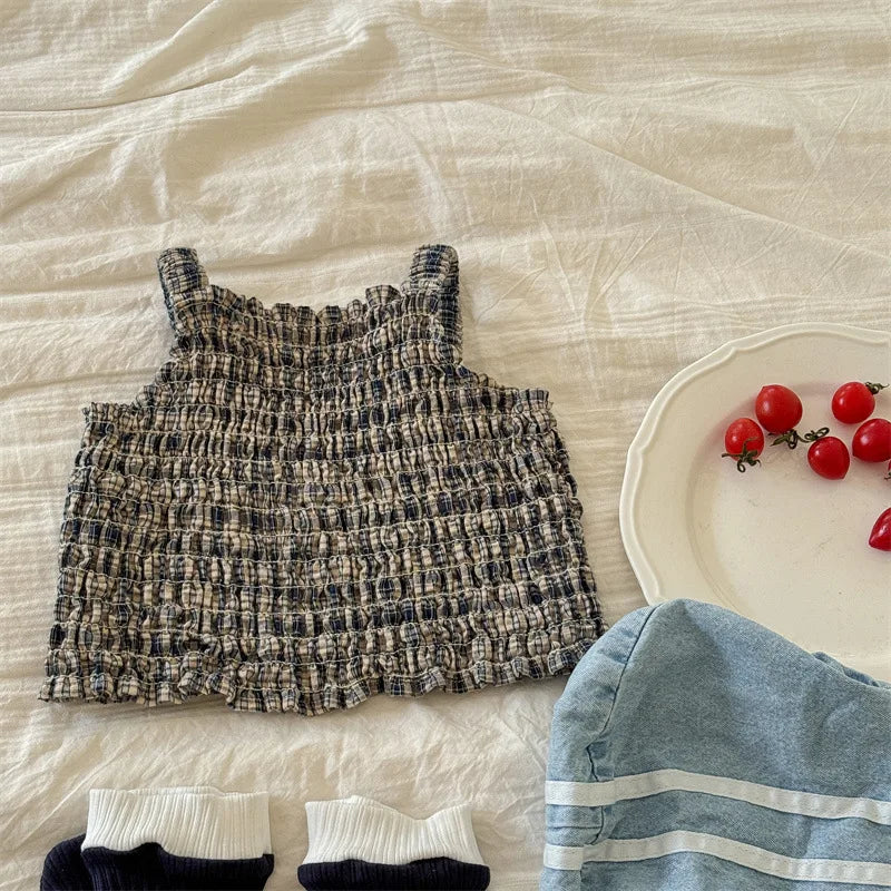 -キッズトップス プリーツ シャーリング キャミソール ブラウス チェック 2カラー - mamahalo shop - タンクトップ・キャミソール・ノースリーブトップス -  べビー服 - 子供服 - 男の子 - 女の子