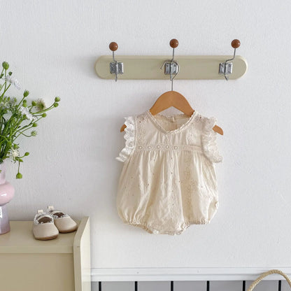 -ベビーロンパース/キッズワンピース レースフリル ノースリーブ リンクコーデ 姉妹 お揃いコーデ ベージュ【mh0006530】 - mamahalo shop - ノースリーブロンパース -  べビー服 - 子供服 - 男の子 - 女の子