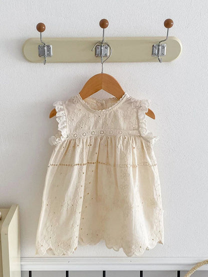 -ベビーロンパース/キッズワンピース ノースリーブ レース フリル リンクコーデ 姉妹 お揃いコーデ ベージュ【mh0005827】 - mamahalo shop - ノースリーブワンピース -  べビー服 - 子供服 - 男の子 - 女の子