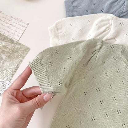 -ベビーキッズトップス レースニット 半袖パフスリーブ サマーセーター リボン 3カラー - mamahalo shop - 半袖Tシャツ -  べビー服 - 子供服 - 男の子 - 女の子