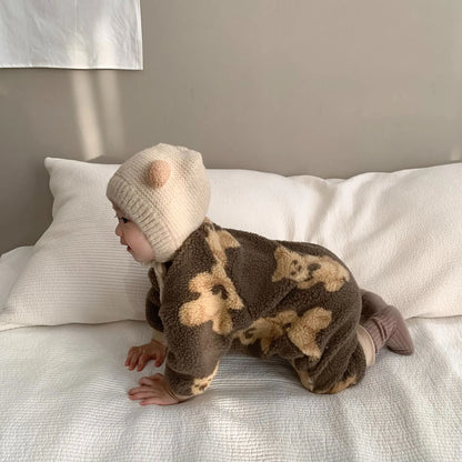 -ベビーアウタージャンプスーツ クマベアプリント ボアフリース長袖ロンパース 2カラー ユニセックス 男の子 女の子 子供服【mh0003332】 - mamahalo shop - アウタージャンプスーツ -  べビー服 - 子供服 - 男の子 - 女の子