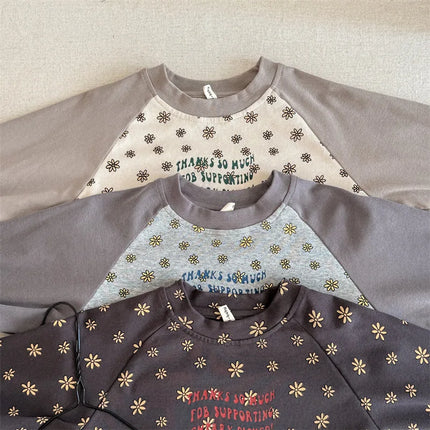 キッズトップス レトロフラワープリントラグランパッチワーク長袖Tシャツ - mamahalo shop - 長袖Tシャツ -  べビー服 - 子供服 - 男の子 - 女の子