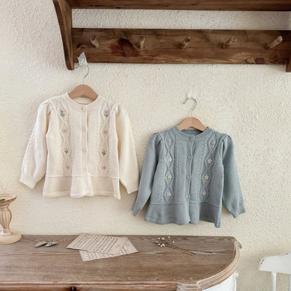 -キッズカーディガン フラワー花柄刺繍ペプラムフリルニットジャケット 2カラー - mamahalo shop - カーディガン・パーカー -  べビー服 - 子供服 - 男の子 - 女の子