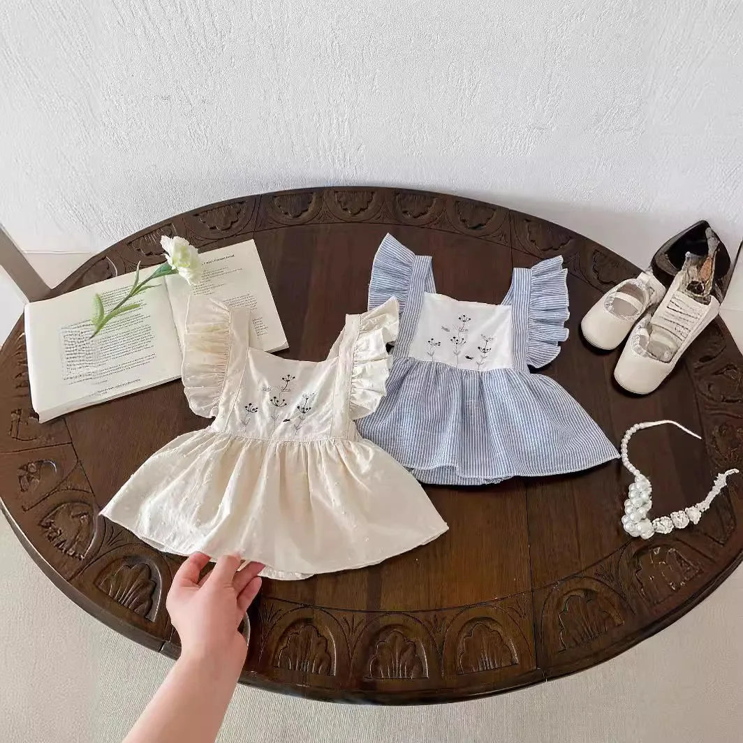 -ベビーロンパース フリルスリーブ ワンピースボディスーツ フラワー花柄刺繍 2カラー - mamahalo shop - 半袖ワンピース -  べビー服 - 子供服 - 男の子 - 女の子