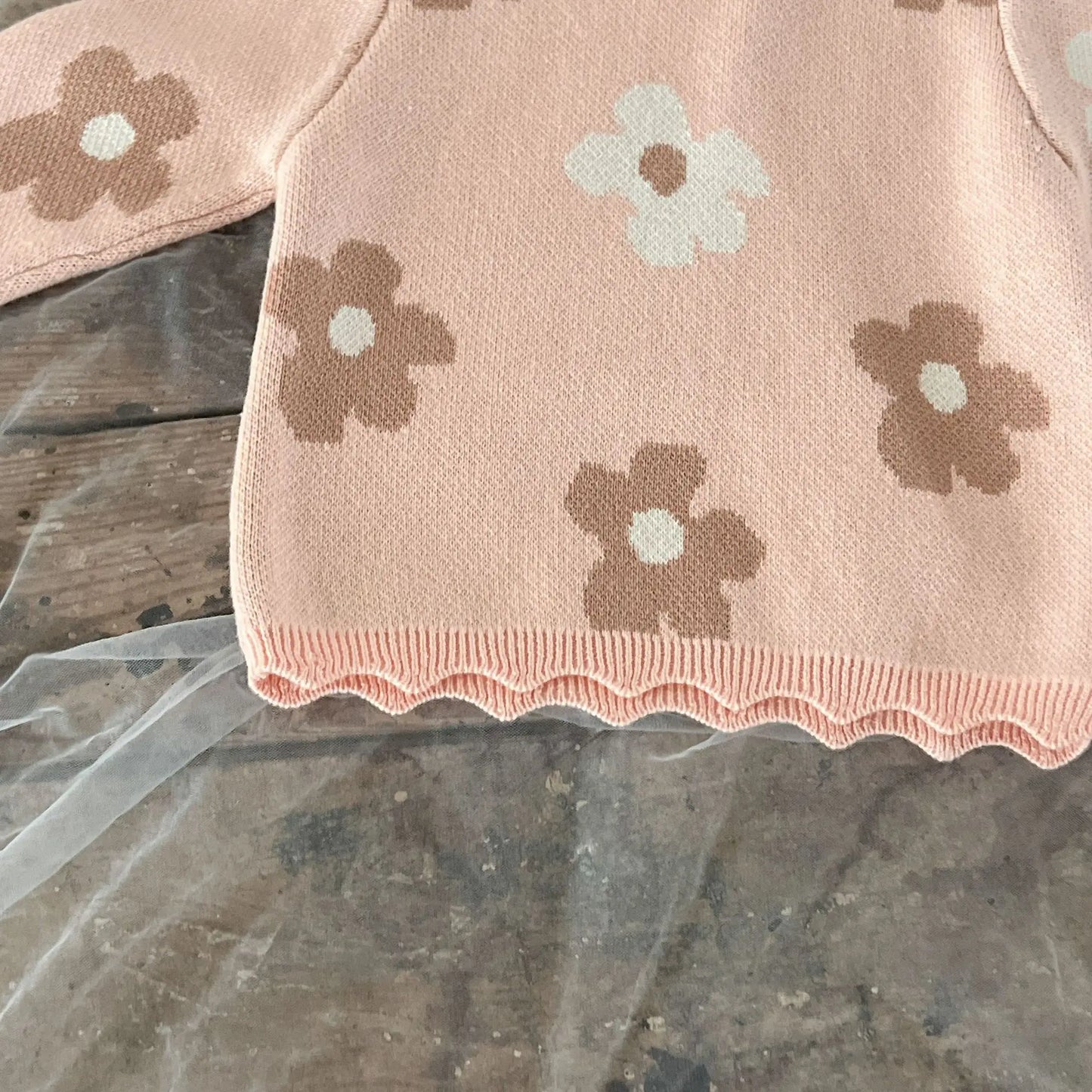 -ベビーセットアップ 2点セット レトロフラワーニット長袖カットソー+ロングニットパンツ ピンク【mh0007431】 - mamahalo shop - 長袖セットアップ -  べビー服 - 子供服 - 男の子 - 女の子