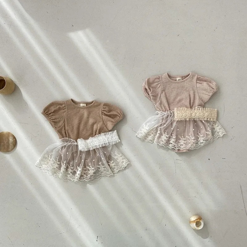 -ベビーロンパース レーススカートセット 半袖パフスリーブボディスーツ 2カラー【mh0005544】 - mamahalo shop - ロンパースセットアップ -  べビー服 - 子供服 - 男の子 - 女の子