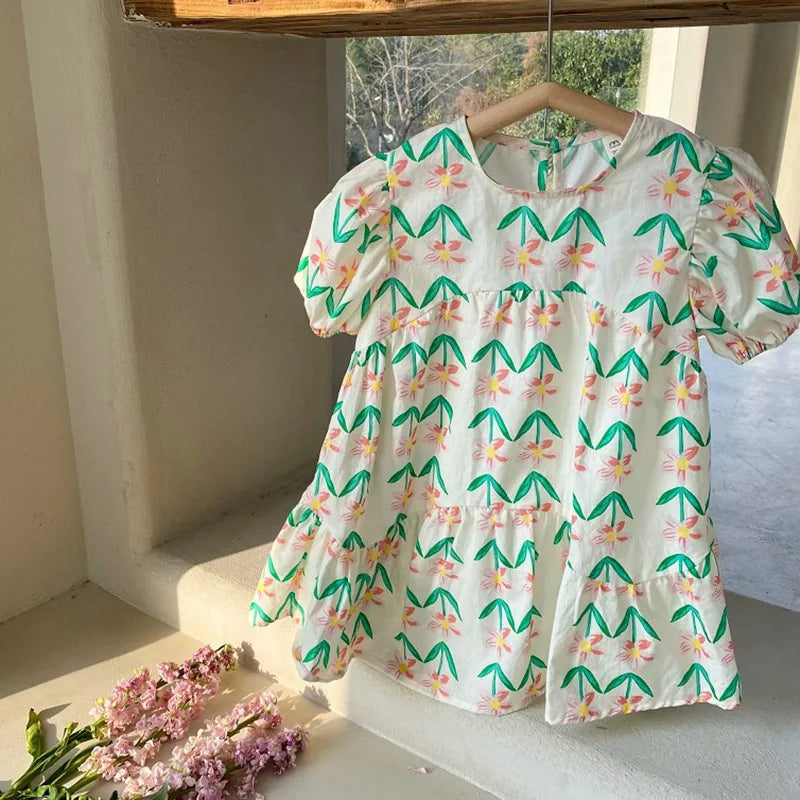 -キッズワンピース 半袖パフスリーブワンピース フラワー花柄プリント 2カラー【mh0005712】 - mamahalo shop - 半袖ワンピース -  べビー服 - 子供服 - 男の子 - 女の子