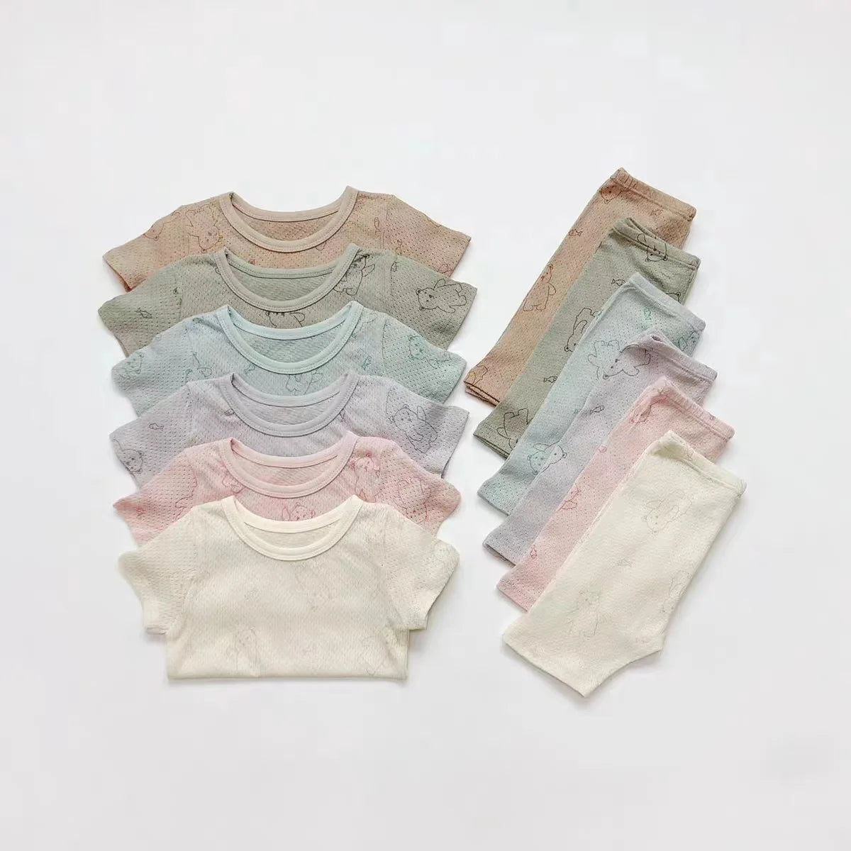 -ベビーパジャマセット 半袖Tシャツ+ショートパンツ ベアくまプリント ルームウェア パステル 3カラー【mh0005466】 - mamahalo shop - 半袖セットアップ -  べビー服 - 子供服 - 男の子 - 女の子