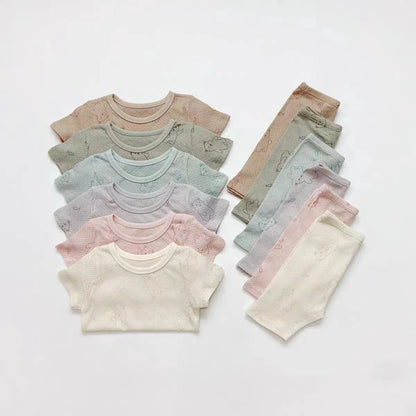 -ベビーパジャマセット 半袖Tシャツ+ショートパンツ ベアくまプリント ルームウェア パステル 3カラー【mh0005466】 - mamahalo shop - 半袖セットアップ -  べビー服 - 子供服 - 男の子 - 女の子