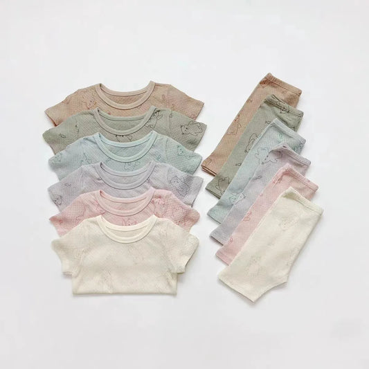 -ベビーパジャマセット 半袖Tシャツ+ショートパンツ ベアくまプリント ルームウェア パステル 3カラー【mh0005466】 - mamahalo shop - 半袖セットアップ -  べビー服 - 子供服 - 男の子 - 女の子