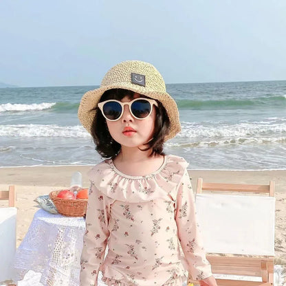 -キッズ水着 帽子セット 長袖ワンピース スイムウェア フリル フラワー花柄プリント 2カラー【mh0004456】 - mamahalo shop - ベビー用水着 -  べビー服 - 子供服 - 男の子 - 女の子