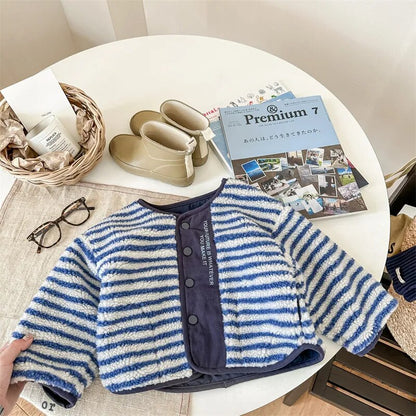 -キッズ フリースジャケット アウター ショートコート ボーダー グレー ブルー 2カラー ユニセックス 男の子 女の子 子供服 - mamahalo shop - ショートコート・ジャケット・ジャンパー -  べビー服 - 子供服 - 男の子 - 女の子