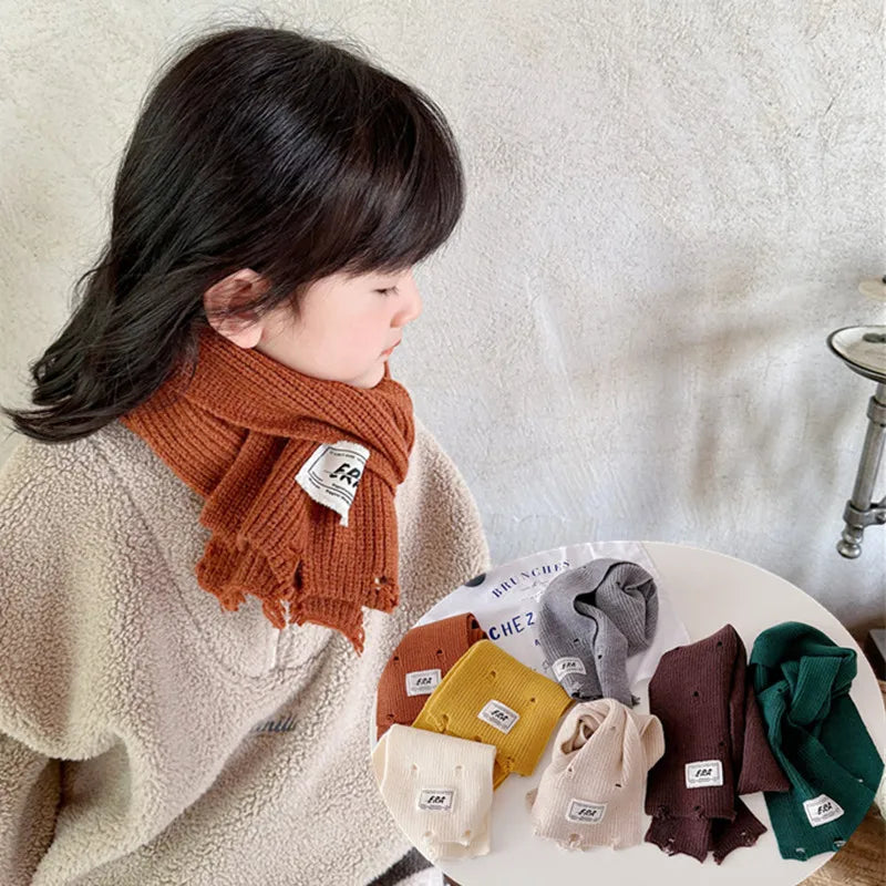 -キッズマフラー ネックウォーマー ニットスカーフ 無地 ダメージ加工 - mamahalo shop - ネックウォーマー -  べビー服 - 子供服 - 男の子 - 女の子