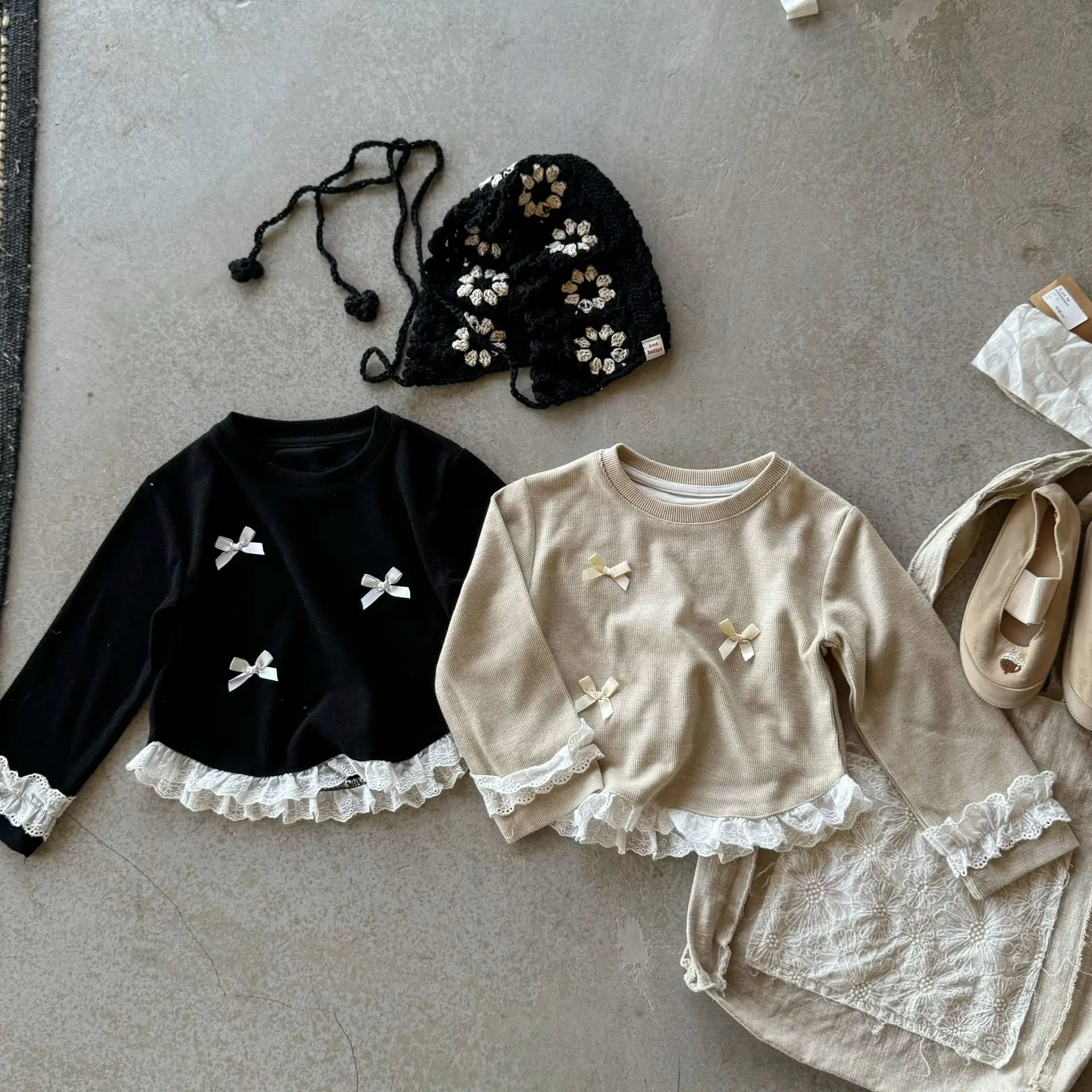 -キッズトップス リボン裾袖フリル長袖Tシャツ 2カラー【mh0007320】 - mamahalo shop - 長袖Tシャツ -  べビー服 - 子供服 - 男の子 - 女の子