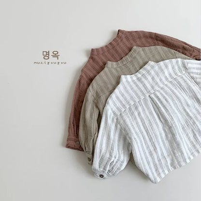 -キッズトップス 長袖スタンドカラーストライプルーズシャツ 3カラー - mamahalo shop - 長袖シャツ・ブラウス -  べビー服 - 子供服 - 男の子 - 女の子