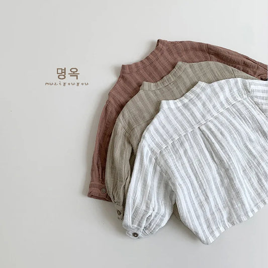 -キッズトップス 長袖スタンドカラーストライプルーズシャツ 3カラー - mamahalo shop - 長袖シャツ・ブラウス -  べビー服 - 子供服 - 男の子 - 女の子