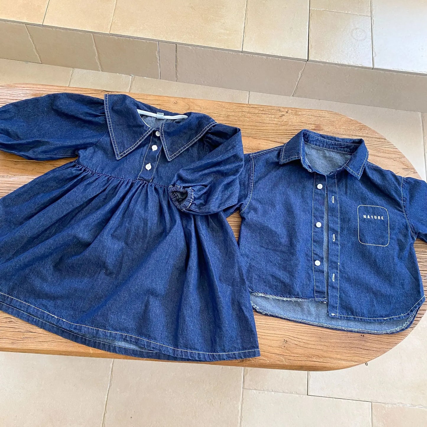 -キッズトップス/ワンピース デニム 長袖シャツ/長袖セーラーカラーワンピース リンクコーデ 兄弟姉妹 お揃いコーデ - mamahalo shop - 長袖ワンピース -  べビー服 - 子供服 - 男の子 - 女の子