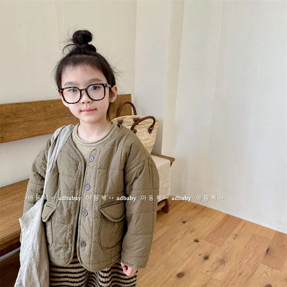 -キッズ キルティングジャケット ショートコート ジャンパー ベージュ スカイブルー アーミーグリーン 3カラー ユニセックス 男の子 女の子 子供服 - mamahalo shop - ショートコート・ジャケット・ジャンパー -  べビー服 - 子供服 - 男の子 - 女の子