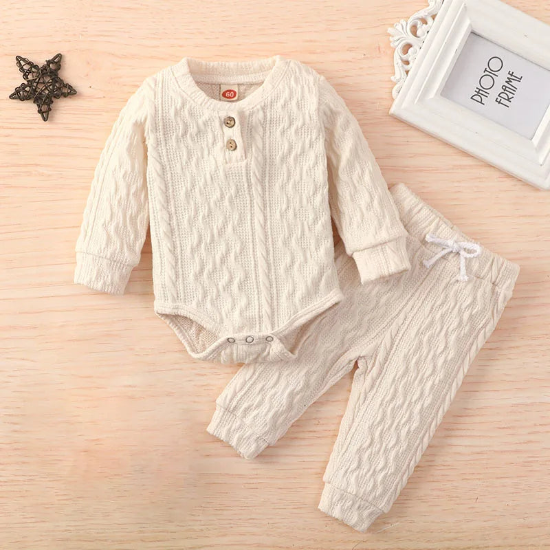 -ベビーセットアップ 2点セット ニット 長袖ロンパース+ロングパンツ 3カラー【mh0006257】 - mamahalo shop - ロンパースセットアップ -  べビー服 - 子供服 - 男の子 - 女の子