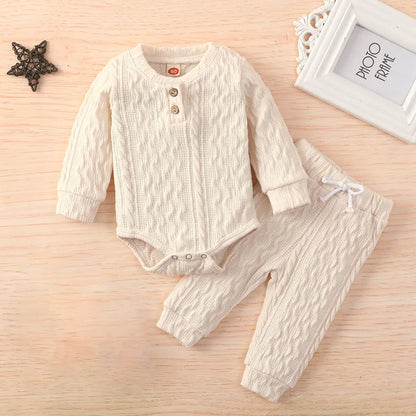 -ベビーセットアップ 2点セット ニット 長袖ロンパース+ロングパンツ 3カラー【mh0006257】 - mamahalo shop - ロンパースセットアップ -  べビー服 - 子供服 - 男の子 - 女の子