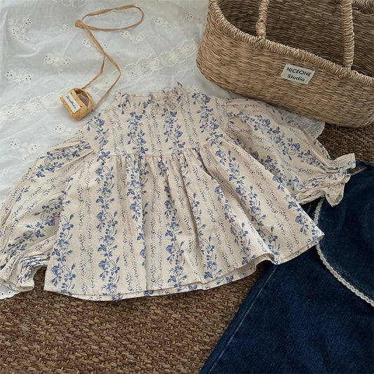 -キッズトップス フリルスタンドカラーフラワーストライププリント長袖パフスリーブチュニックブラウス - mamahalo shop - 長袖シャツ・ブラウス -  べビー服 - 子供服 - 男の子 - 女の子