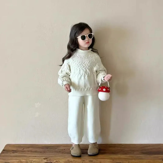 -キッズセットアップ 2点セット ボトルネックニットセーター+ロングニットパンツ ベージュ【mh0007339】 - mamahalo shop - 長袖セットアップ -  べビー服 - 子供服 - 男の子 - 女の子