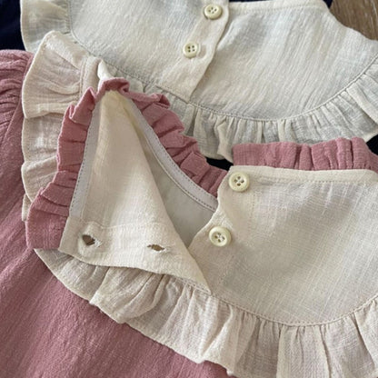 -ベビー フラワー 刺繍 フリルビブ 半袖 ロンパース ピンク ネイビー ガールズ【mh0002042】 - mamahalo shop - 半袖ロンパース -  べビー服 - 子供服 - 男の子 - 女の子